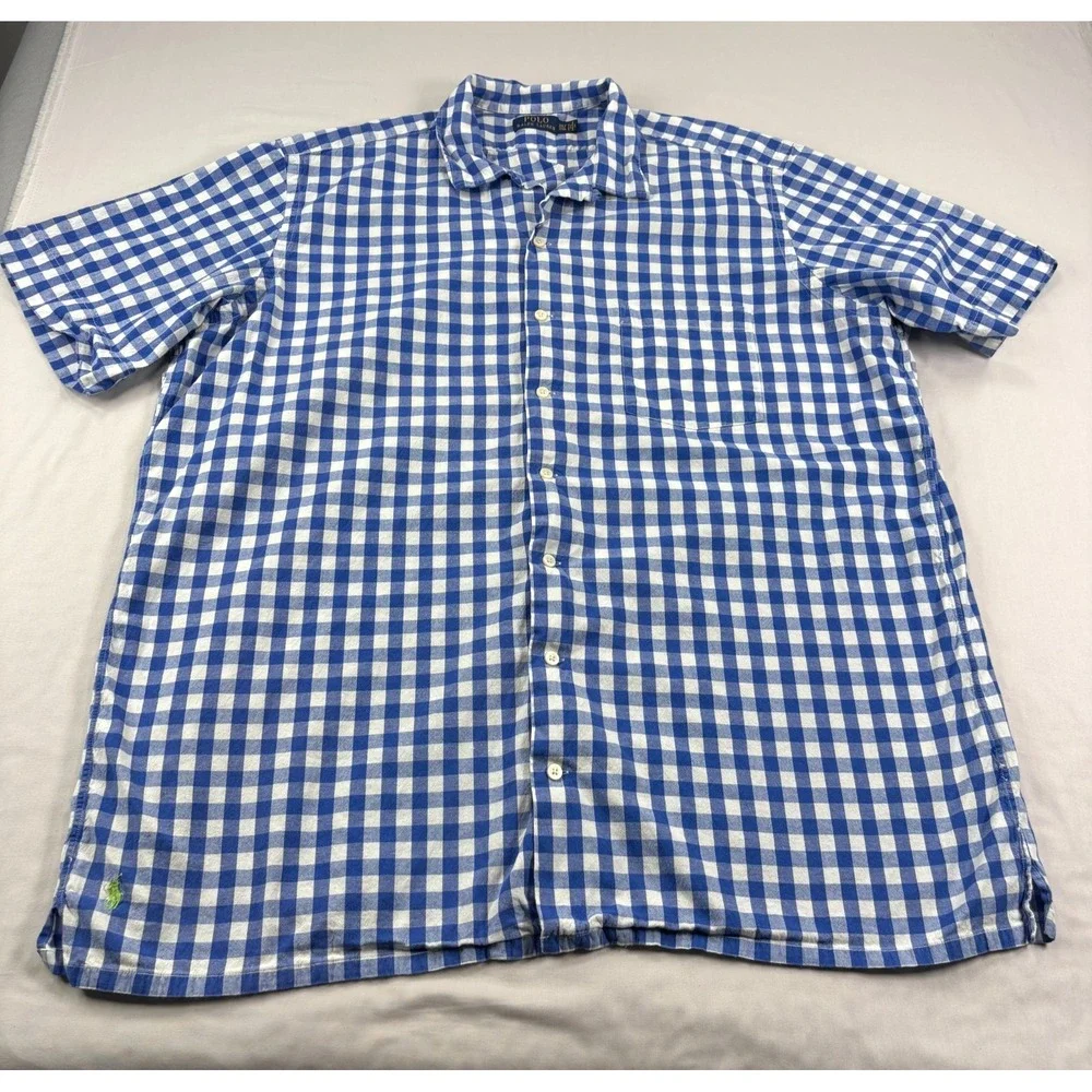 Polo Ralph Lauren Shirt Mens 2XLT Tall Blue Plaid Button Up Loop Collar Beach